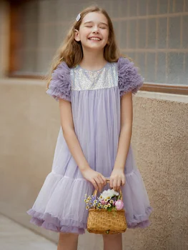 Haljine za djevojčice, plin šljokice, ljubičasta odjeća od princeza, ljeto 2022, od 3 do 12 godina, dječje odjeće, Slatka odjeća za djeverušama za dječje zabave
