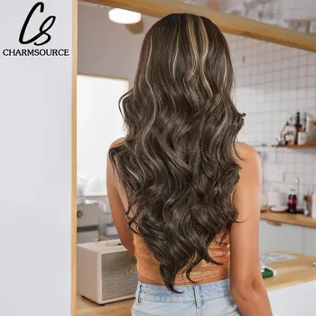 CharmSource Linija rasta kose, perika na кружеве, tamno smeđa vlasulja, zlatne sintetičkih duge valovite perika, ženski cosplay visoke gustoće